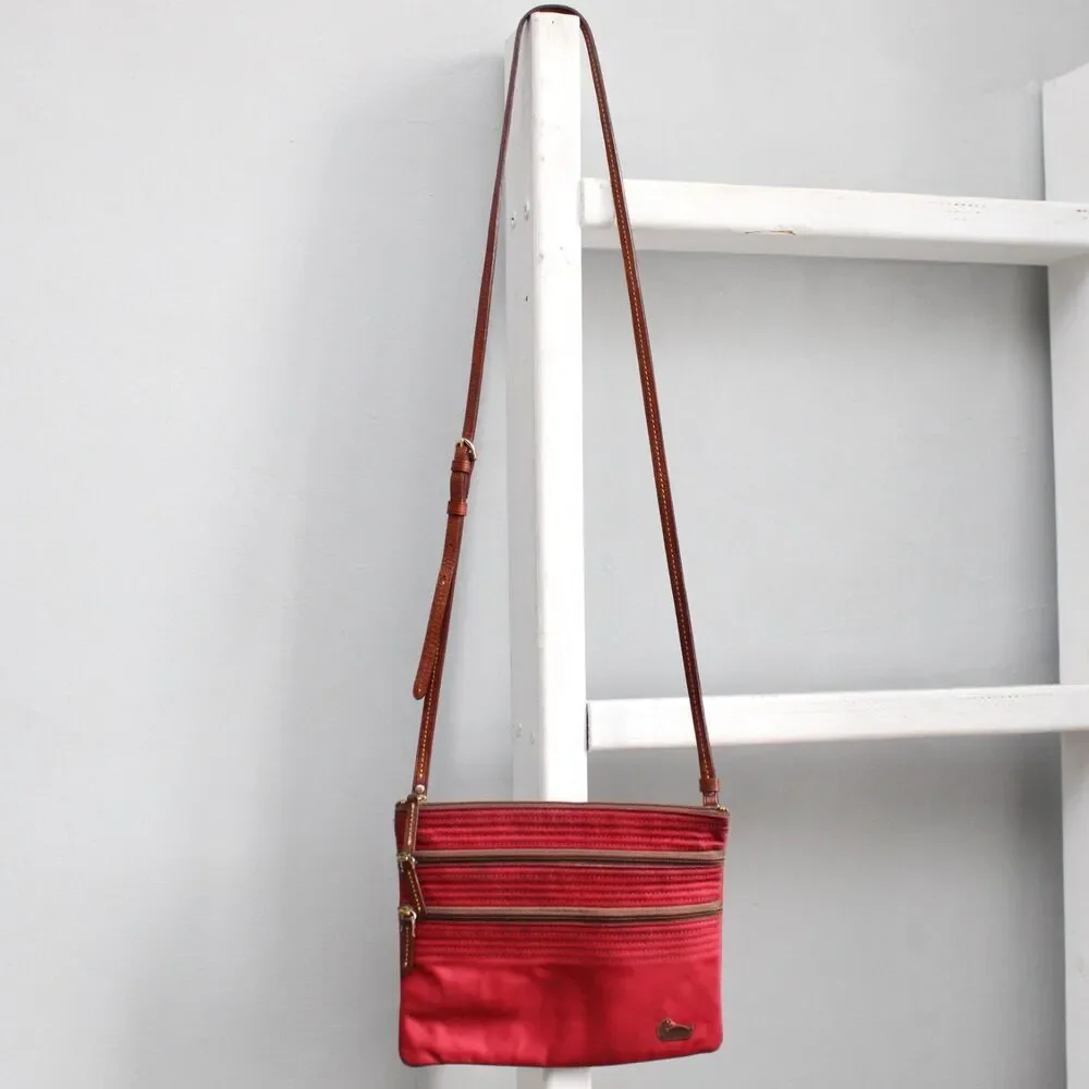Dooney & Bourke Red Nylon Brown Leather Triple Zip Pockets Crossbody Bag